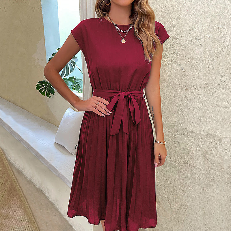 Summer Pleated Short-sleeved Dress INS Fashion Waist-tied Beach Dresse Women&