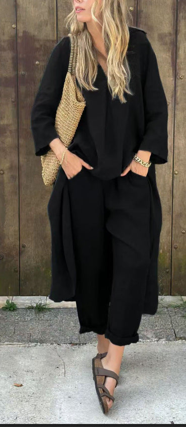 2pcs Long-sleeved Suits Loose V-neck Long Top And High Waist Wide Leg Pants With Pockets Women&