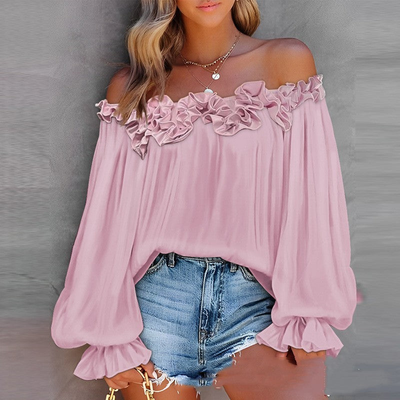 Casual Blouses Shoulder Off-Shoulder Long Sleeve Top Lotus Leaf Sleeve Shirt Loose Women&