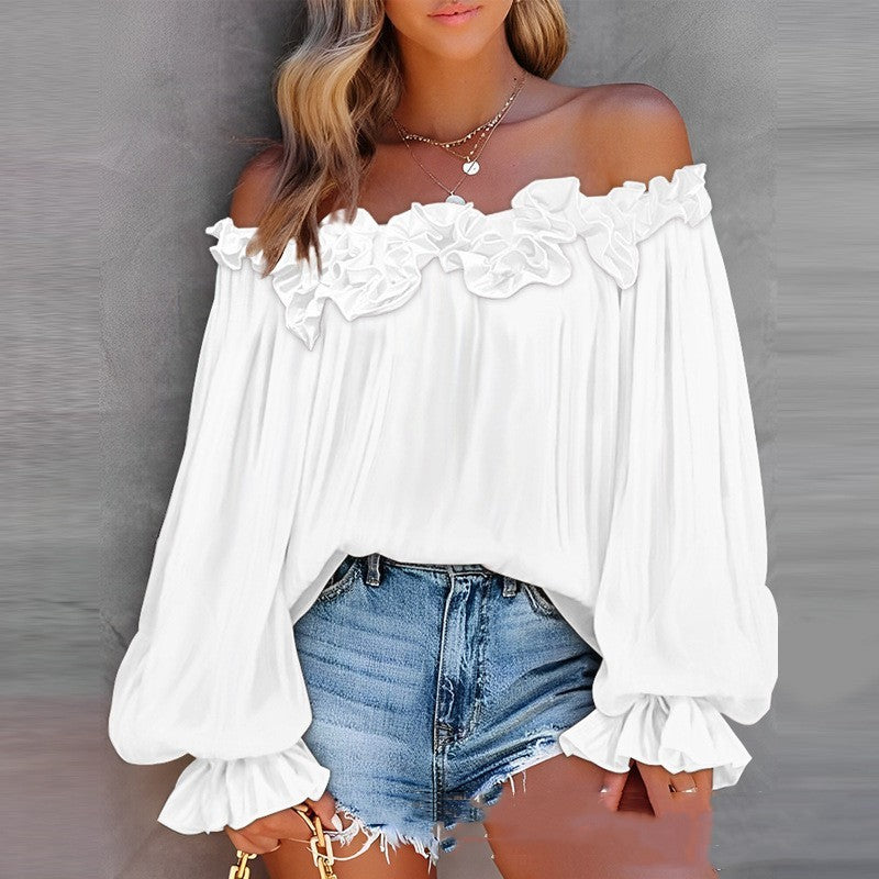 Casual Blouses Shoulder Off-Shoulder Long Sleeve Top Lotus Leaf Sleeve Shirt Loose Women&