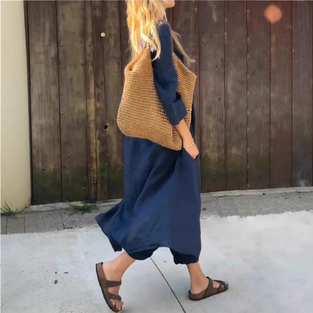 2pcs Long-sleeved Suits Loose V-neck Long Top And High Waist Wide Leg Pants With Pockets Women&