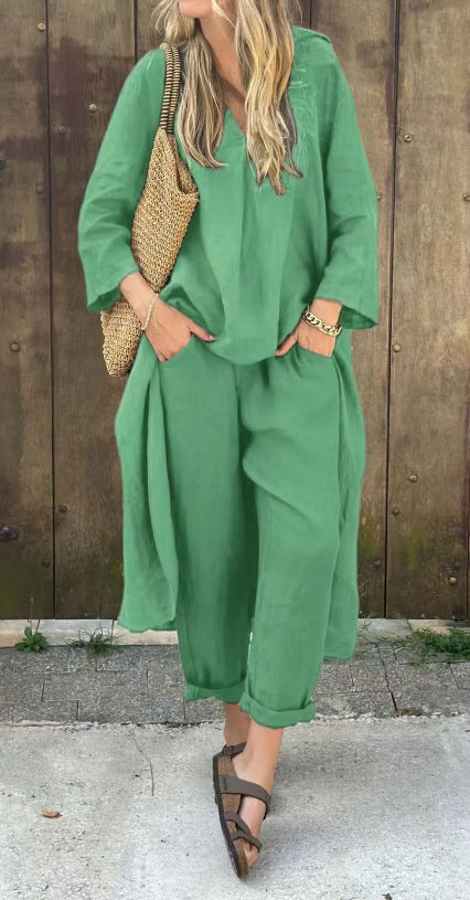 2pcs Long-sleeved Suits Loose V-neck Long Top And High Waist Wide Leg Pants With Pockets Women&