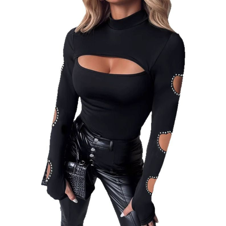 New Slim Fit Hollowed Heart Shape Long Sleeve Top Women&