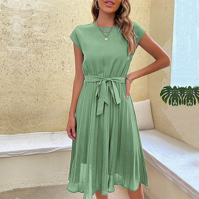 Summer Pleated Short-sleeved Dress INS Fashion Waist-tied Beach Dresse Women&