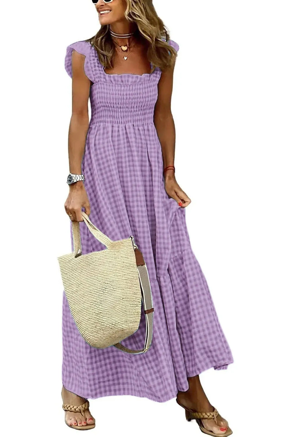 Summer Plaid Print Pleated Ruffle Dress INS Fashion Sleeveless A-line Swing Beach Dress Women&