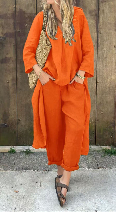 2pcs Long-sleeved Suits Loose V-neck Long Top And High Waist Wide Leg Pants With Pockets Women&