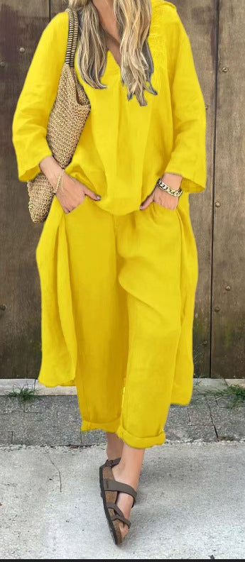 2pcs Long-sleeved Suits Loose V-neck Long Top And High Waist Wide Leg Pants With Pockets Women&