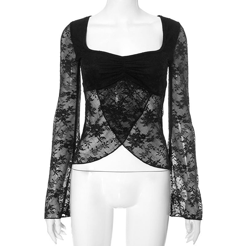 European And American Style Elegant Slim Fit Sexy Style Slit Lace Smock Top Women