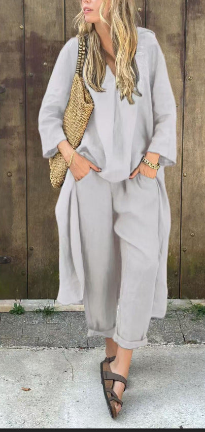 2pcs Long-sleeved Suits Loose V-neck Long Top And High Waist Wide Leg Pants With Pockets Women&