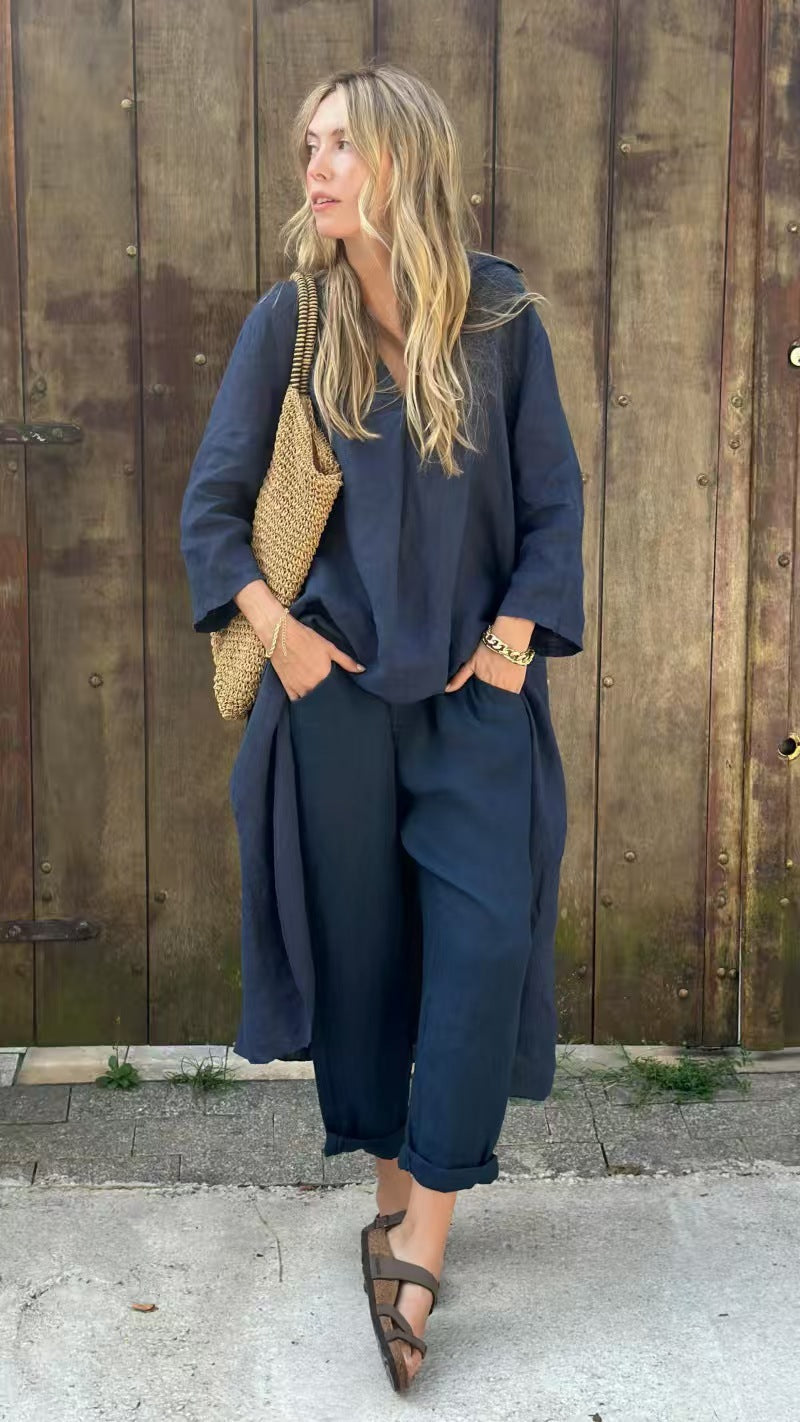 2pcs Long-sleeved Suits Loose V-neck Long Top And High Waist Wide Leg Pants With Pockets Women&