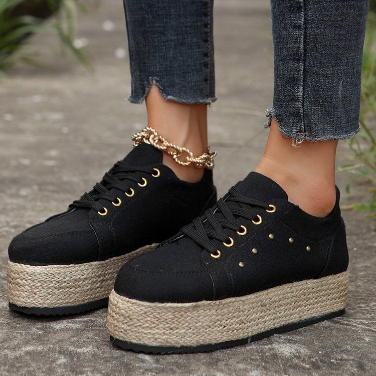 New European And American Cloth Rubber Cloth Lace Loop Round Toe Shoes