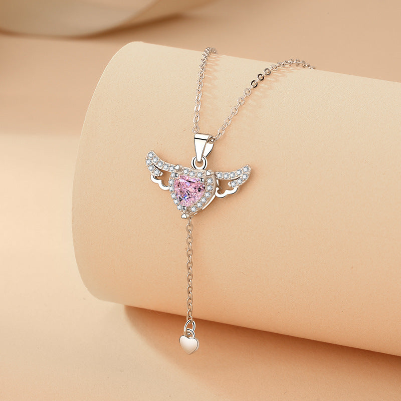 Moving Cupid Heart Angel Wings Tassel Necklace With Crystal Clavicle Chain Women Jewelry Gift Valentine&