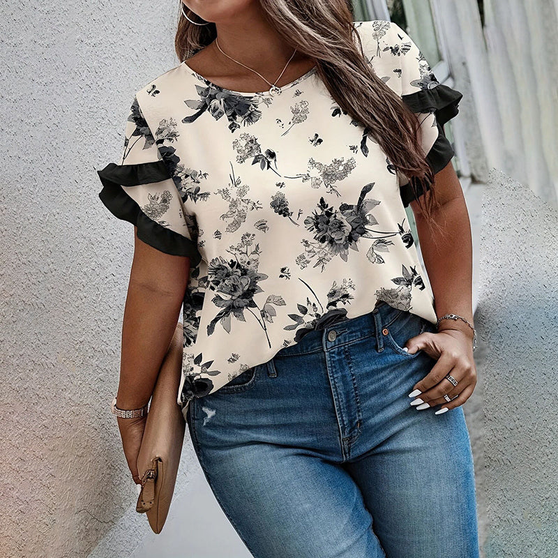 Womens Plus Size Round Neck Blouse - Floral Print Short Sleeve Top With Ruffle Sleeve Detail, Elegant Summer Shirt
