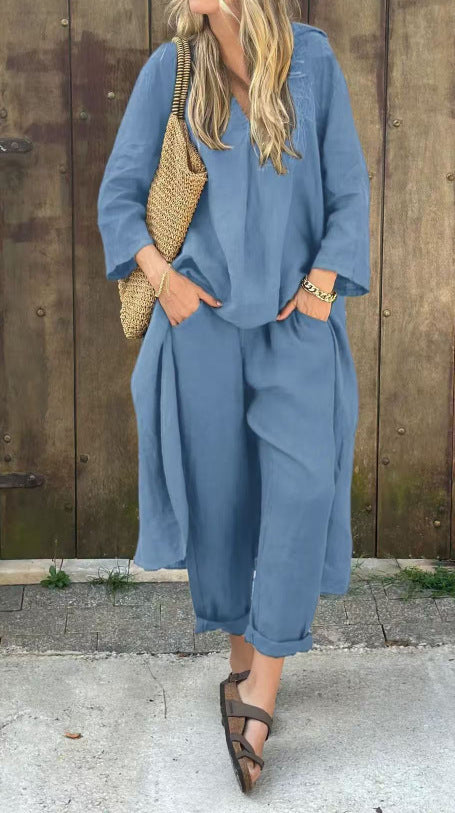 2pcs Long-sleeved Suits Loose V-neck Long Top And High Waist Wide Leg Pants With Pockets Women&