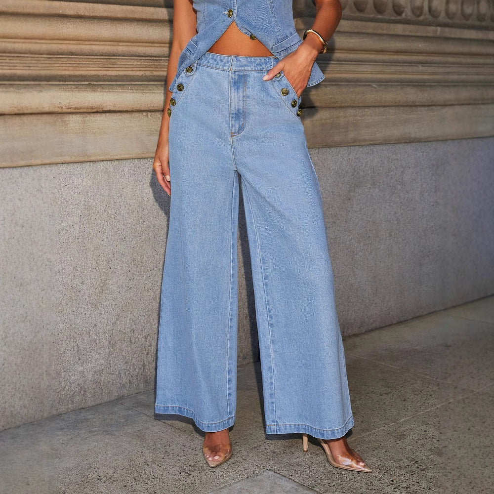 Denim Vest Suits Fashion Sleeveless Button Tops And Wide Leg Straight Pants With Pockets Women&