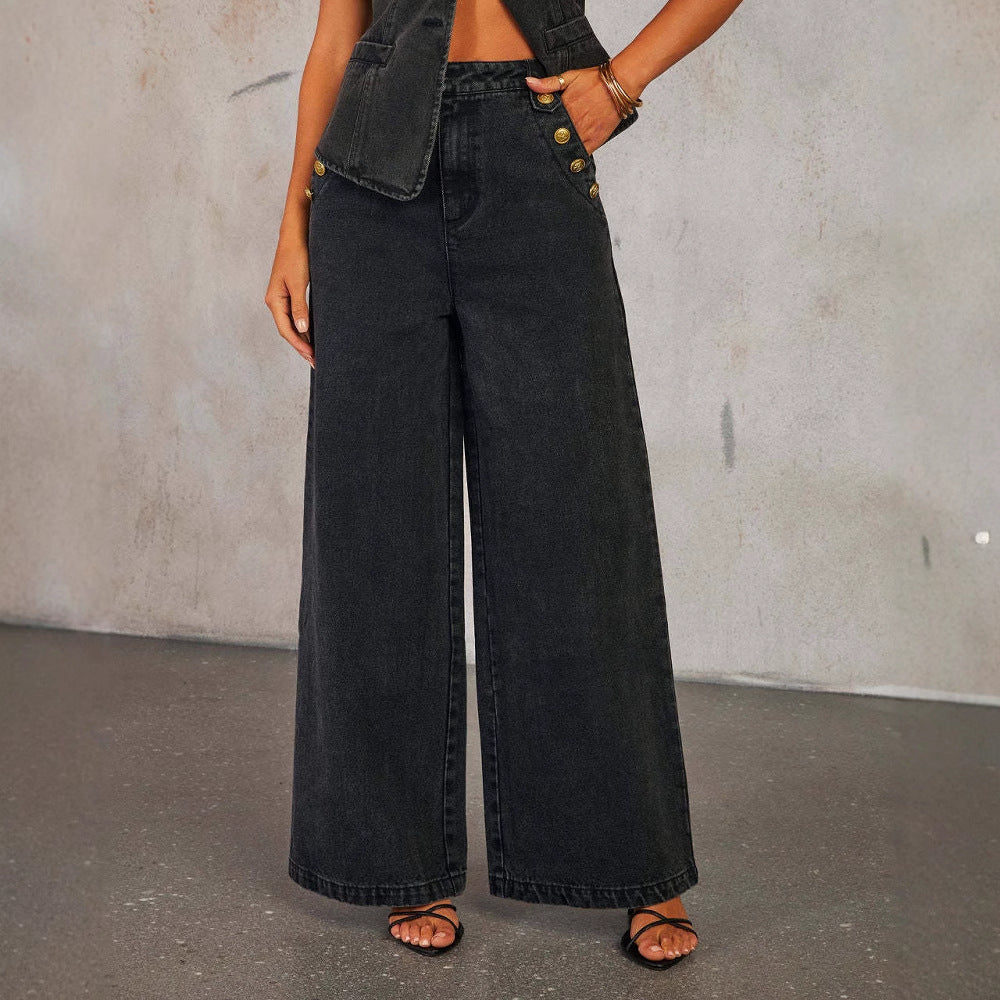 Denim Vest Suits Fashion Sleeveless Button Tops And Wide Leg Straight Pants With Pockets Women&