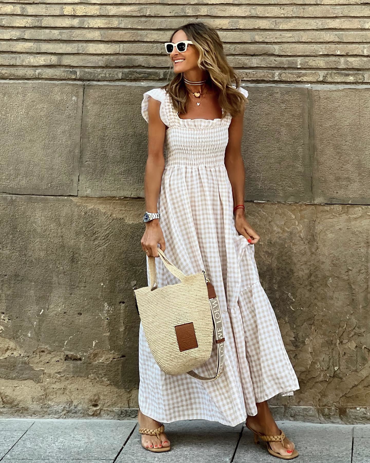 Summer Plaid Print Pleated Ruffle Dress INS Fashion Sleeveless A-line Swing Beach Dress Women&