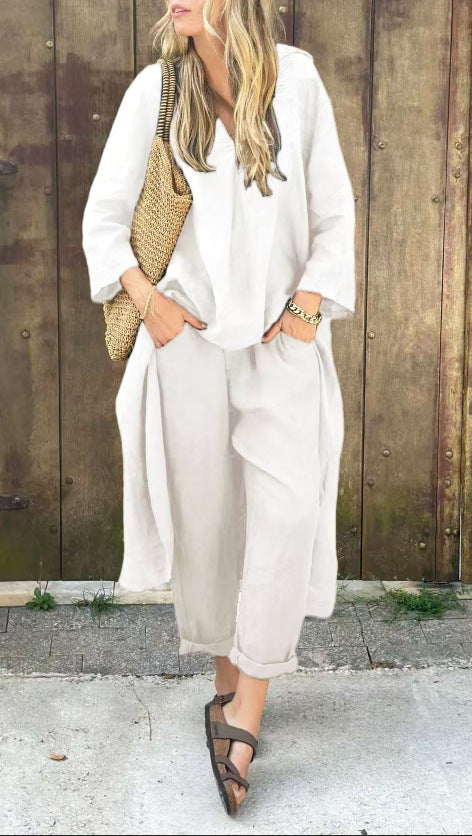 2pcs Long-sleeved Suits Loose V-neck Long Top And High Waist Wide Leg Pants With Pockets Women&