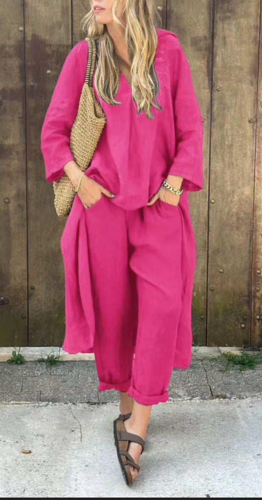 2pcs Long-sleeved Suits Loose V-neck Long Top And High Waist Wide Leg Pants With Pockets Women&