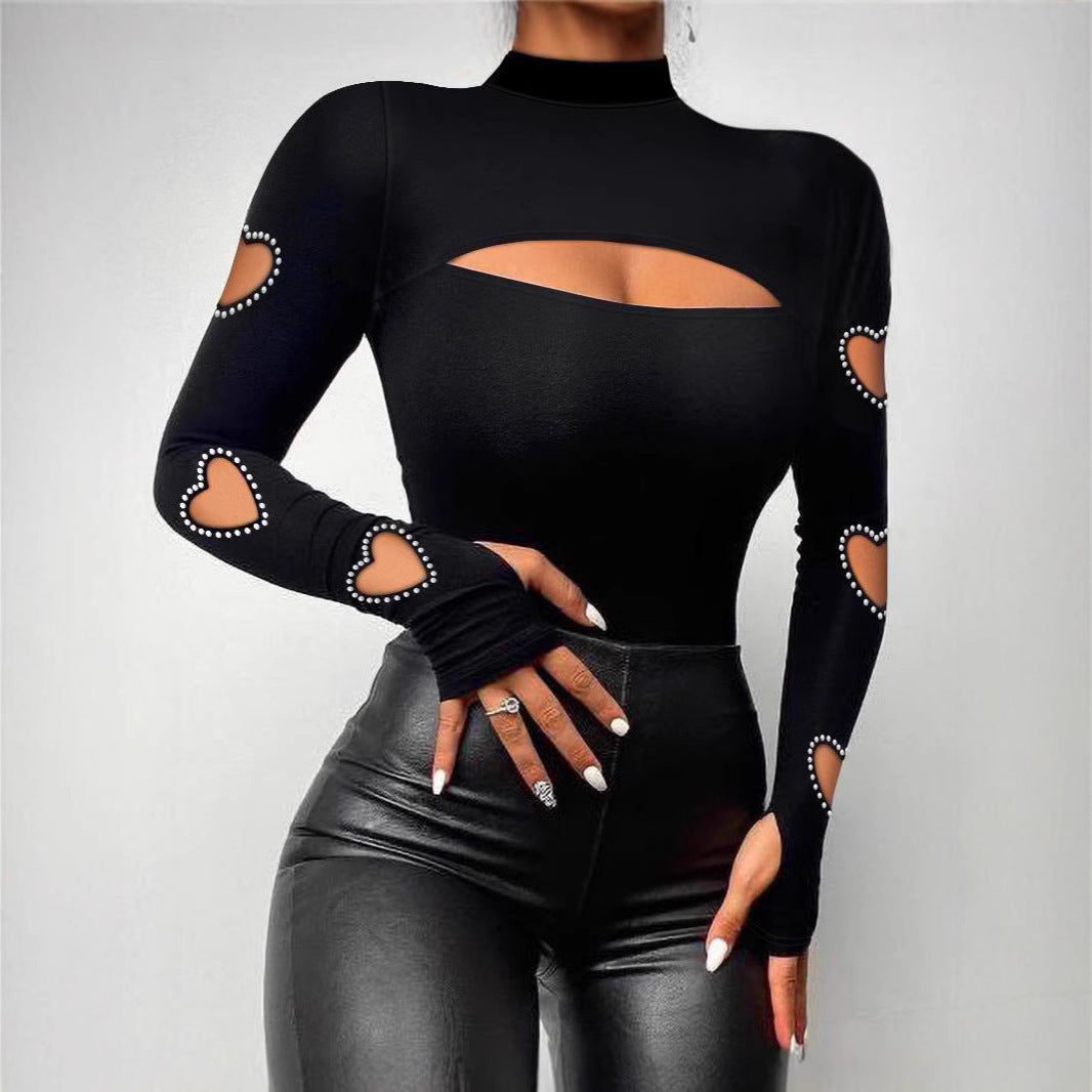 New Slim Fit Hollowed Heart Shape Long Sleeve Top Women&