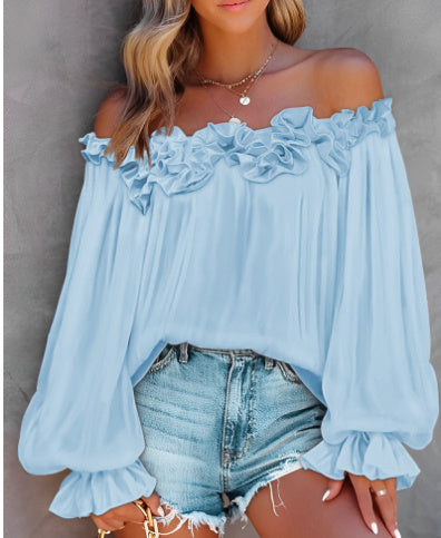 Casual Blouses Shoulder Off-Shoulder Long Sleeve Top Lotus Leaf Sleeve Shirt Loose Women&