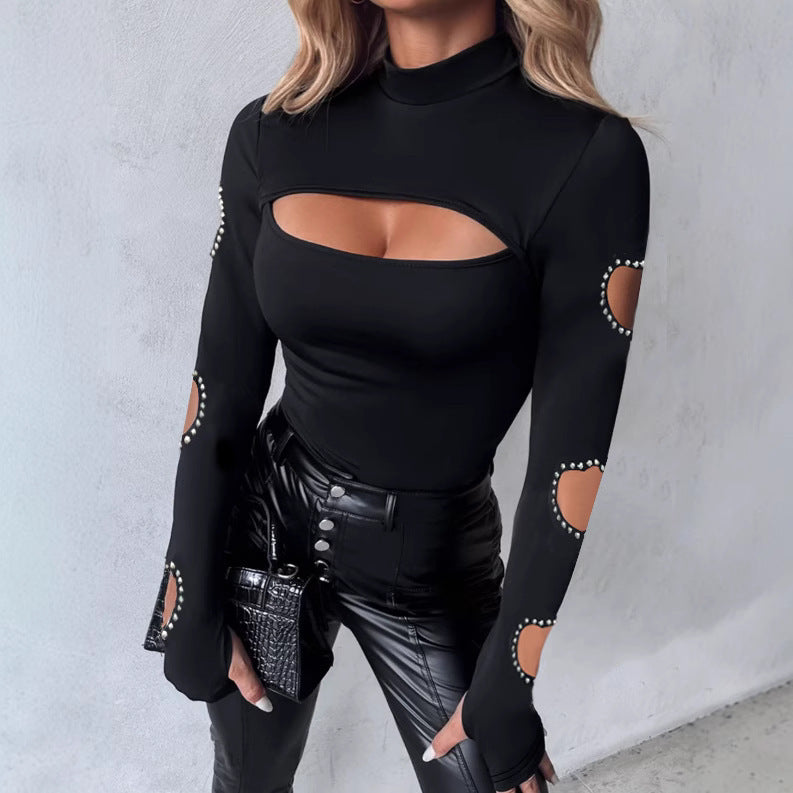 New Slim Fit Hollowed Heart Shape Long Sleeve Top Women&