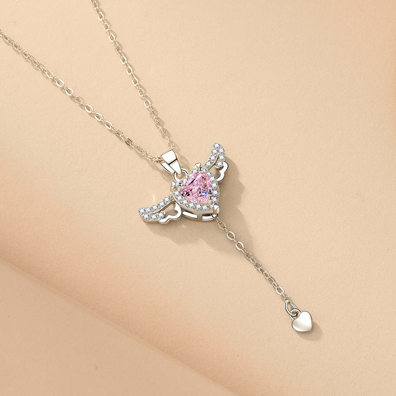 Moving Cupid Heart Angel Wings Tassel Necklace With Crystal Clavicle Chain Women Jewelry Gift Valentine&