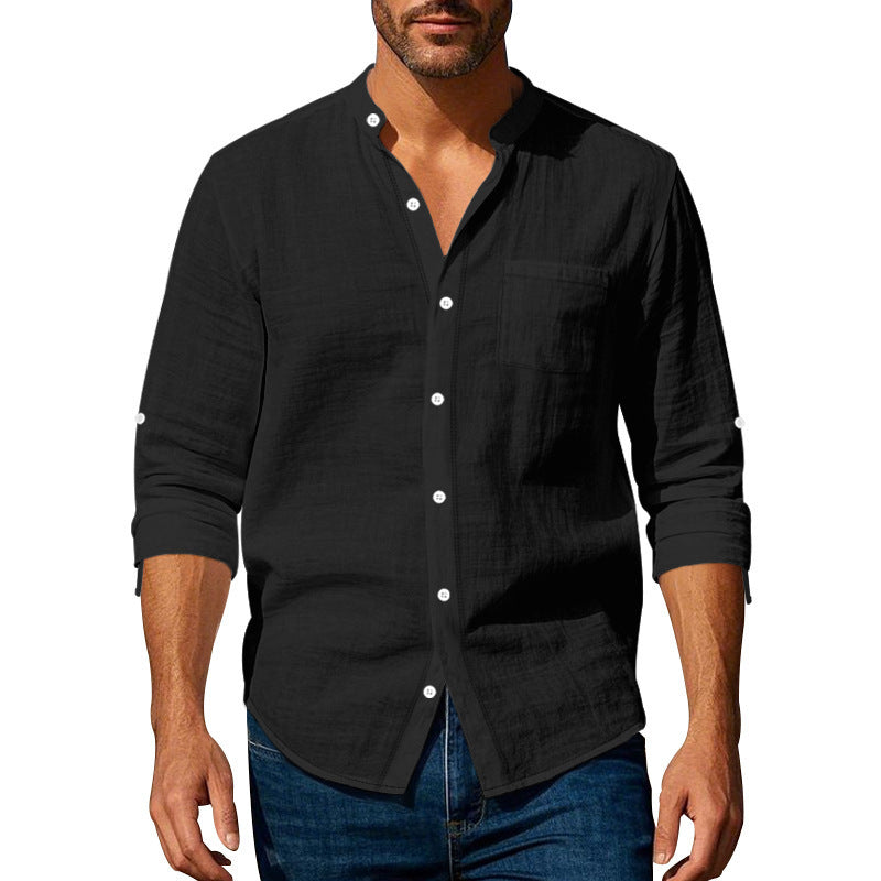 Long Sleeve Stand Collar Shirt With Pockets Casual Men&