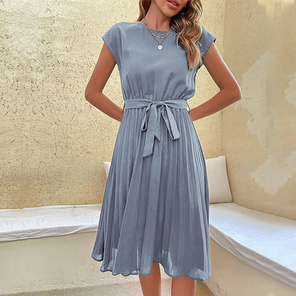 Summer Pleated Short-sleeved Dress INS Fashion Waist-tied Beach Dresse Women&