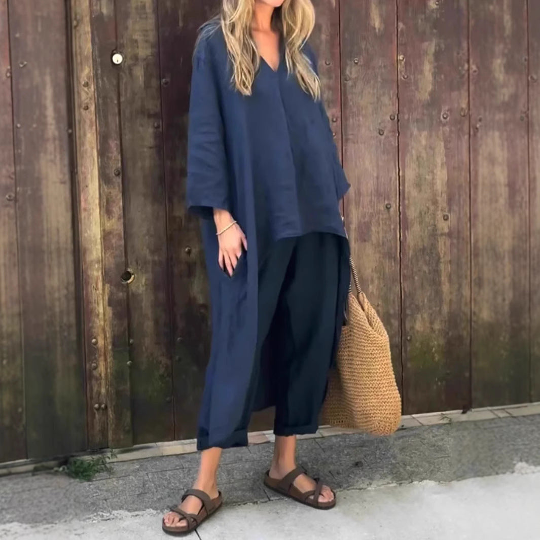 2pcs Long-sleeved Suits Loose V-neck Long Top And High Waist Wide Leg Pants With Pockets Women&