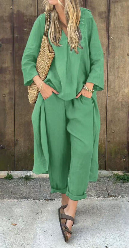 2pcs Long-sleeved Suits Loose V-neck Long Top And High Waist Wide Leg Pants With Pockets Women&