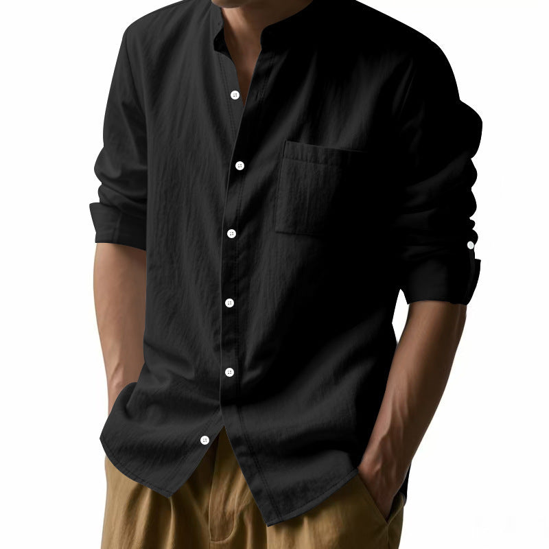 Long Sleeve Stand Collar Shirt With Pockets Casual Men&