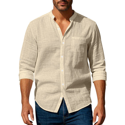 Long Sleeve Stand Collar Shirt With Pockets Casual Men&