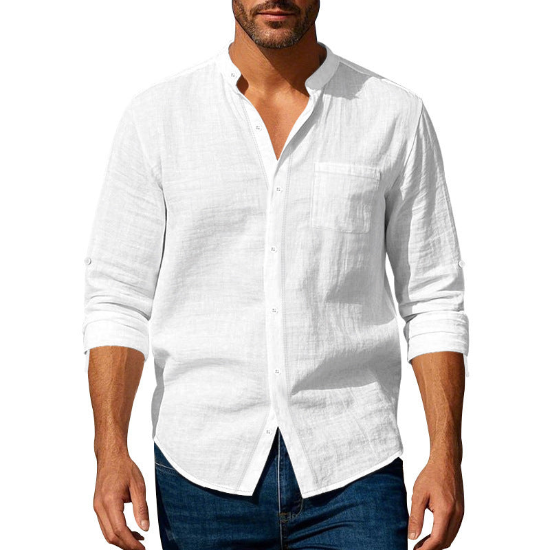 Long Sleeve Stand Collar Shirt With Pockets Casual Men&