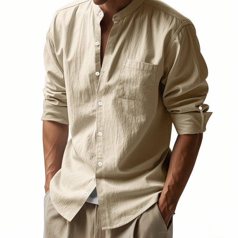 Long Sleeve Stand Collar Shirt With Pockets Casual Men&