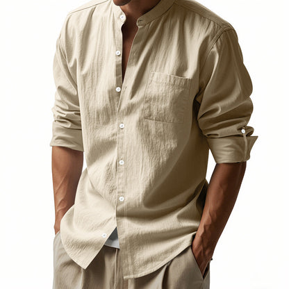Long Sleeve Stand Collar Shirt With Pockets Casual Men&