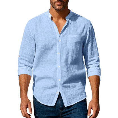 Long Sleeve Stand Collar Shirt With Pockets Casual Men&