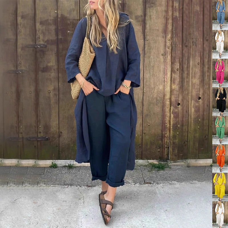 2pcs Long-sleeved Suits Loose V-neck Long Top And High Waist Wide Leg Pants With Pockets Women&