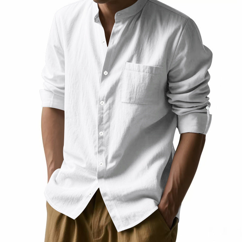 Long Sleeve Stand Collar Shirt With Pockets Casual Men&