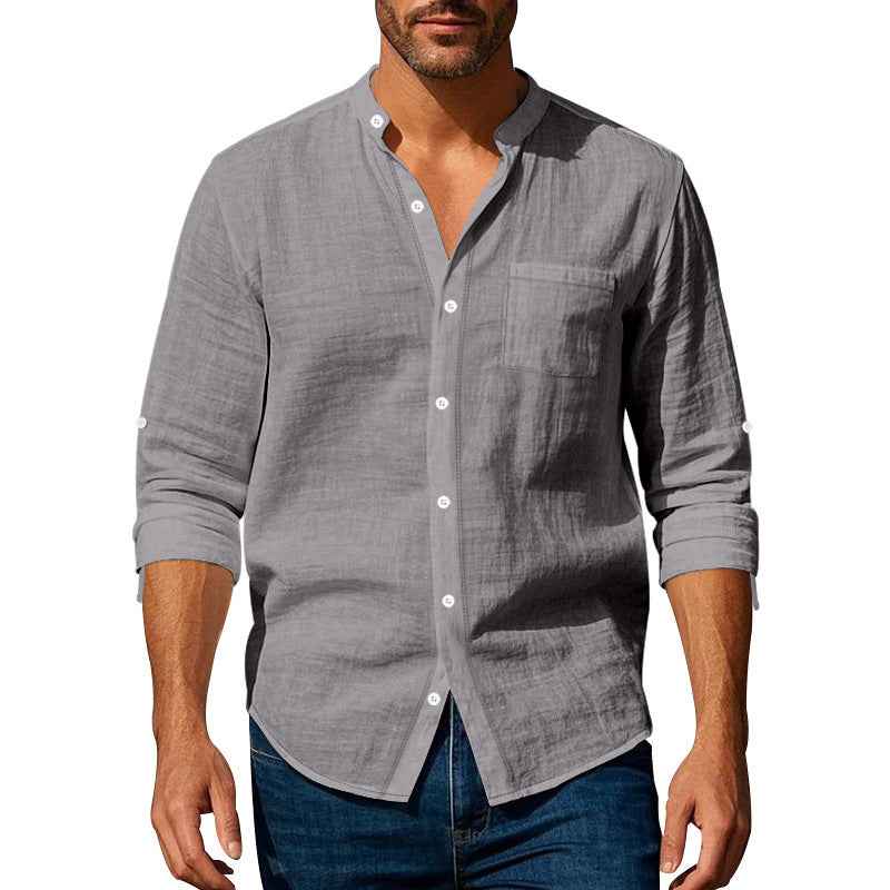Long Sleeve Stand Collar Shirt With Pockets Casual Men&