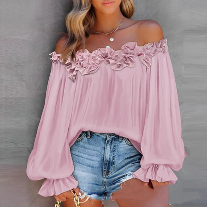 Casual Blouses Shoulder Off-Shoulder Long Sleeve Top Lotus Leaf Sleeve Shirt Loose Women&