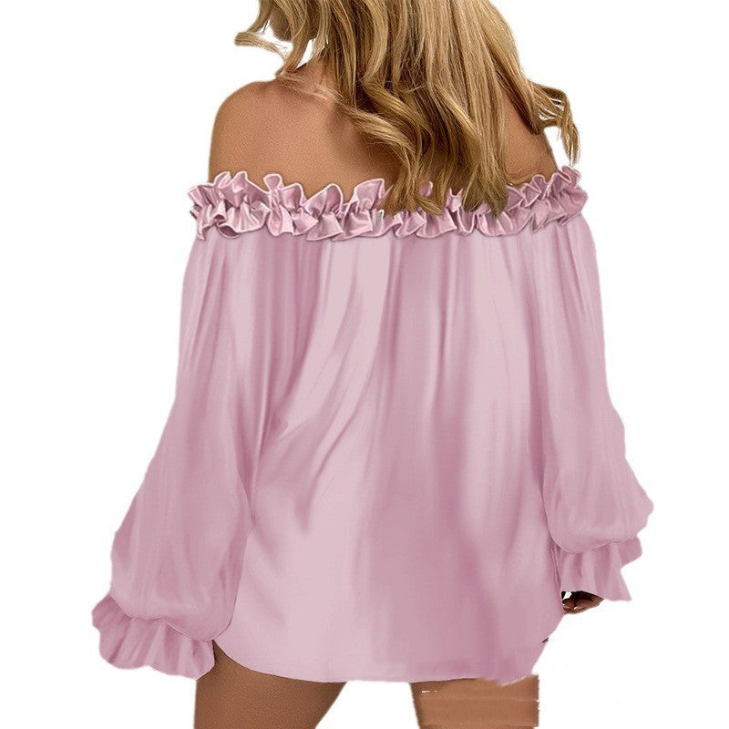 Casual Blouses Shoulder Off-Shoulder Long Sleeve Top Lotus Leaf Sleeve Shirt Loose Women&