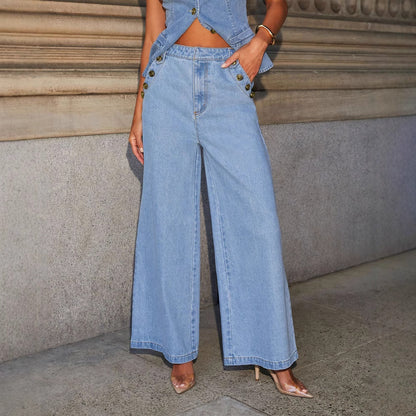 Denim Vest Suits Fashion Sleeveless Button Tops And Wide Leg Straight Pants With Pockets Women&