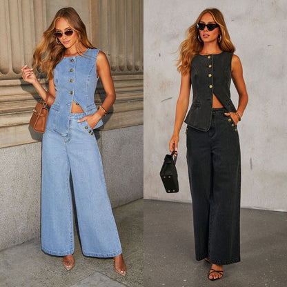 Denim Vest Suits Fashion Sleeveless Button Tops And Wide Leg Straight Pants With Pockets Women&