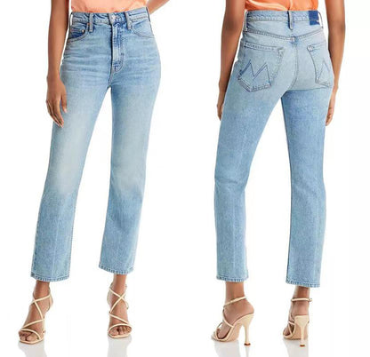 High Waist Light Blue Stretch Slim-fitting Small Straight Cropped Jeans For Women