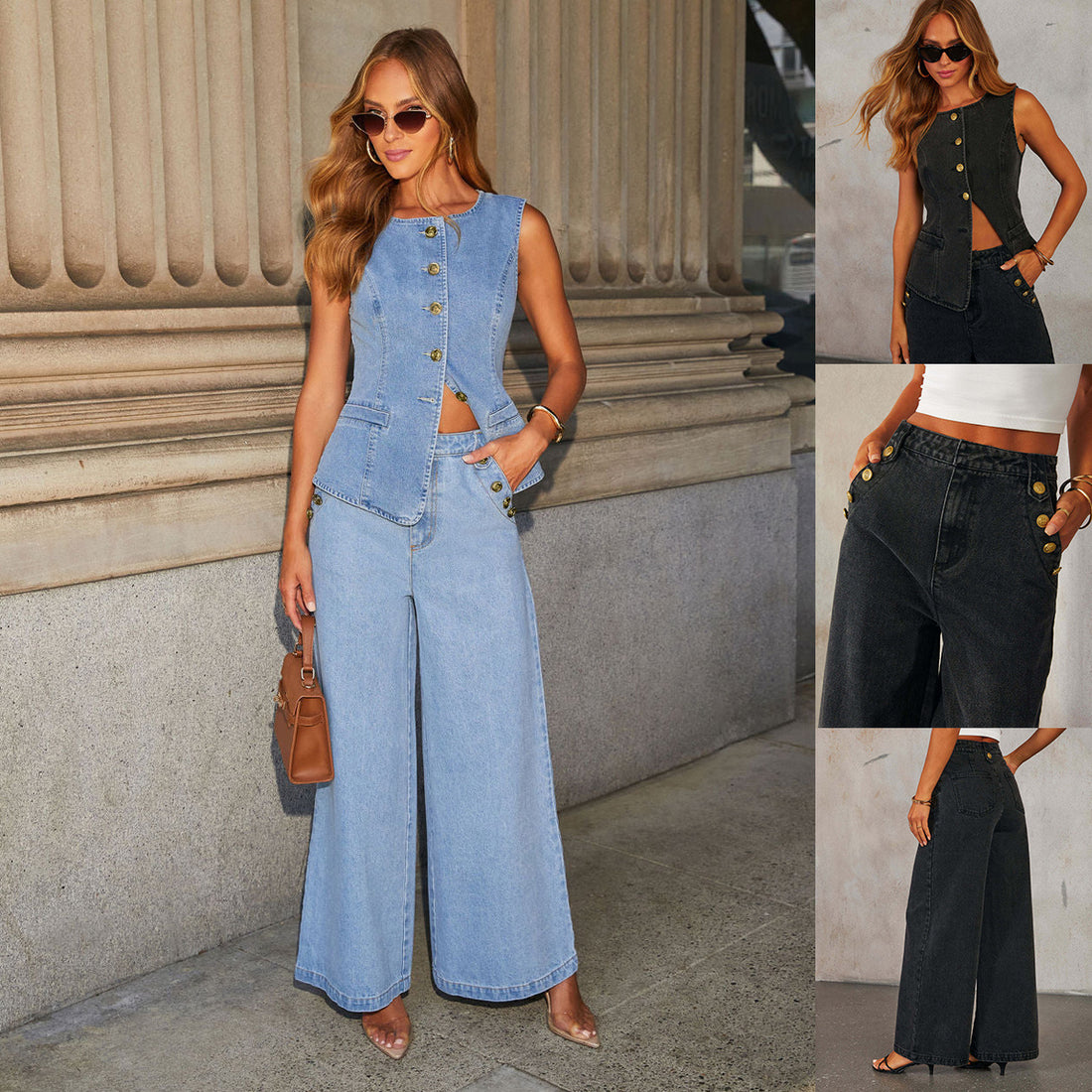 Denim Vest Suits Fashion Sleeveless Button Tops And Wide Leg Straight Pants With Pockets Women&