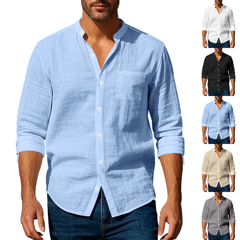 Long Sleeve Stand Collar Shirt With Pockets Casual Men&