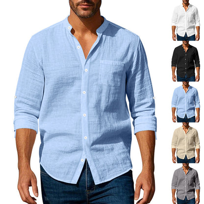 Long Sleeve Stand Collar Shirt With Pockets Casual Men&