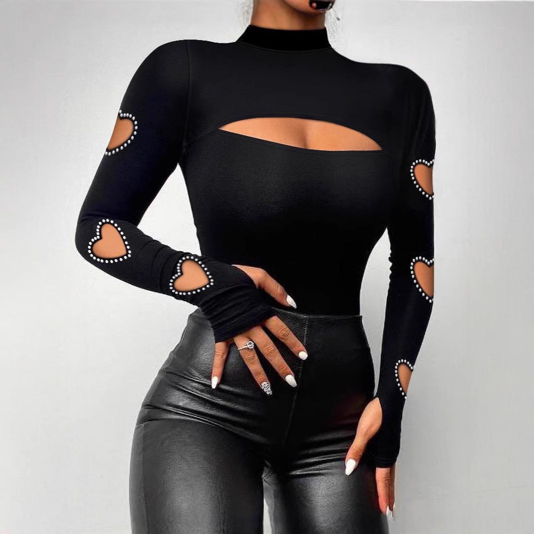 New Slim Fit Hollowed Heart Shape Long Sleeve Top Women&