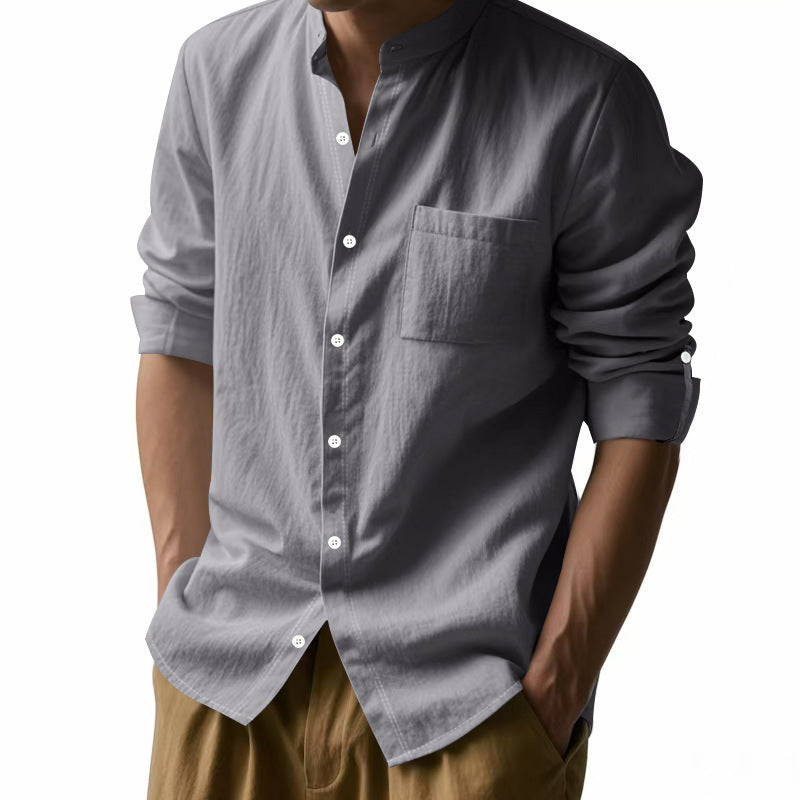 Long Sleeve Stand Collar Shirt With Pockets Casual Men&